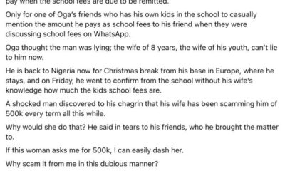 Man finds out wife scams him N500k per term on children’s school fees