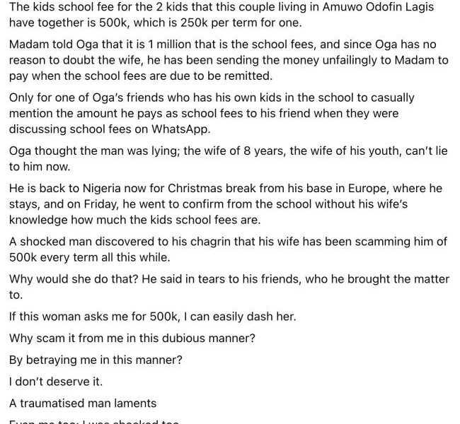 Man finds out wife scams him N500k per term on children’s school fees