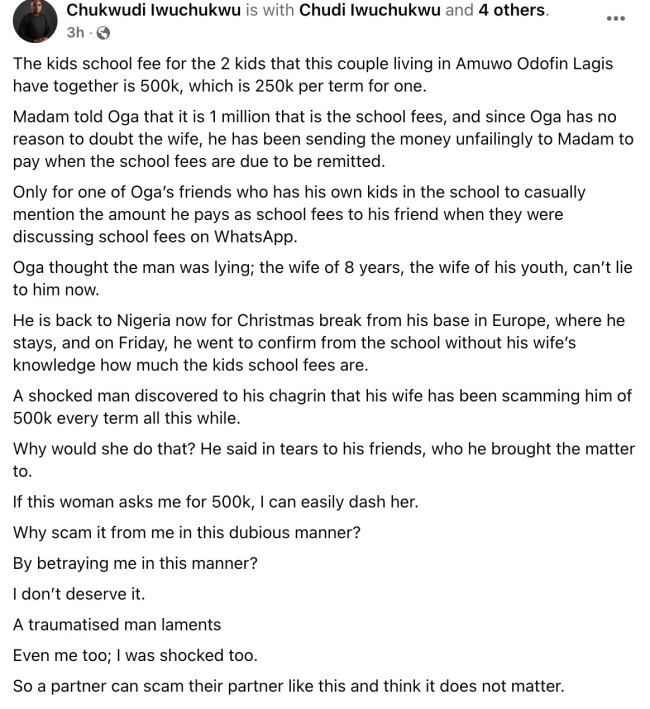 Man finds out wife scams him N500k per term on children’s school fees